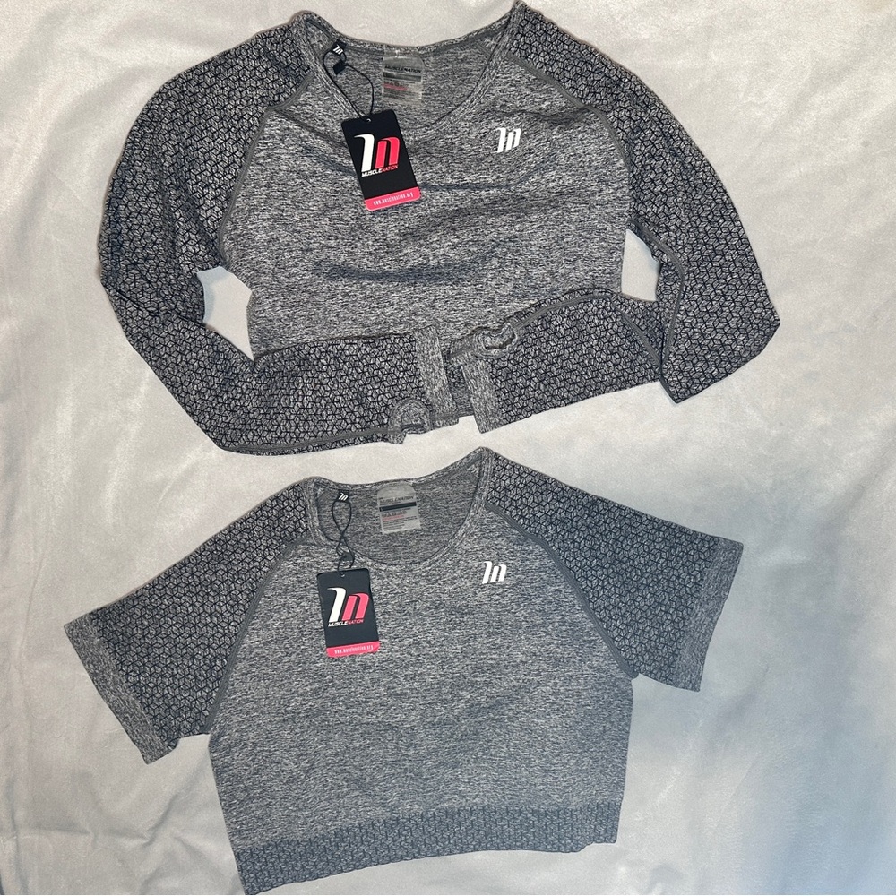 Muscle Nation Gray Long Sleeve and Short Sleeve Crop Top Lot of 2